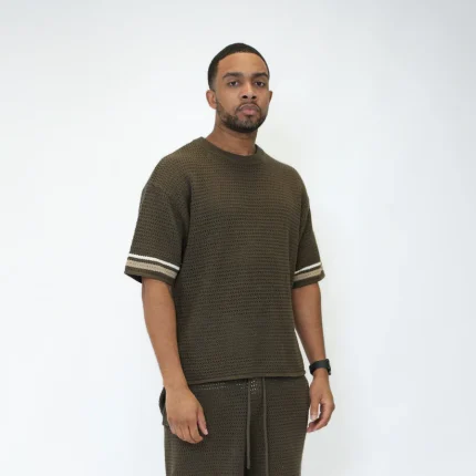 No Sauce Crochet Knit Striped T Shirt Brown (2)
